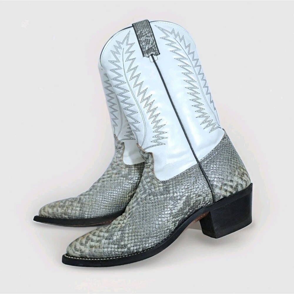 Texas Brand Snakeskin Leather Size 9.5 Boots USA Made White Gray Cowboy Western